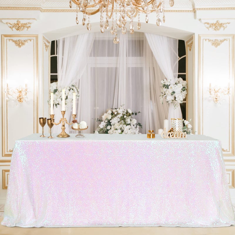 B.Cool B-COOL White Iridescent Sequin Tablecloth Mermaid Table Cloth Overlays Rectangle Sequins Table Linen Seamless Rectangle Tablecloth for Wedding Parties Birthday 60x102inch - Image 1
